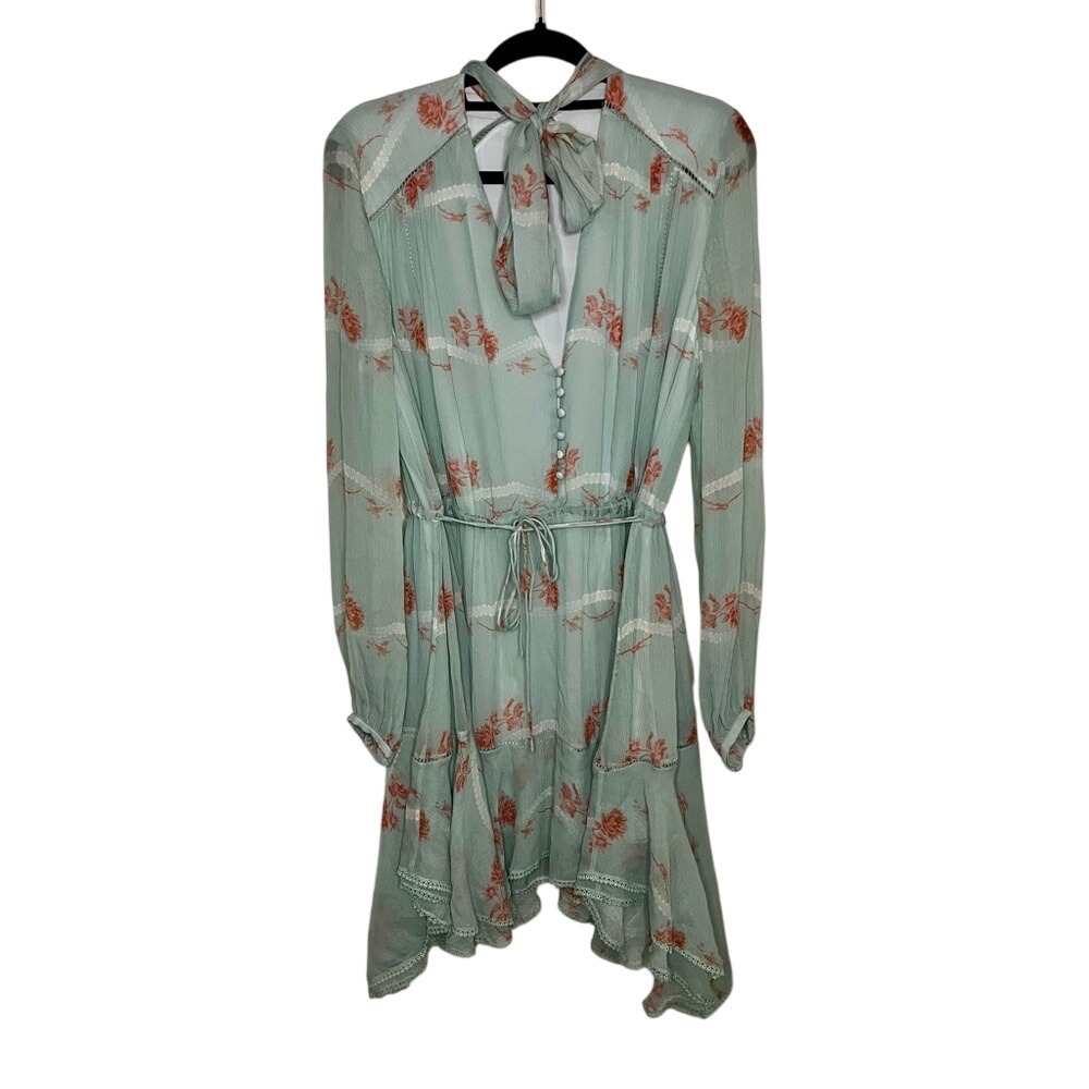 Jonathan Simkhai Seafoam Floral Irena Rose 100% Silk Dress Tiered Ruffles Sz M - Picture 2 of 13